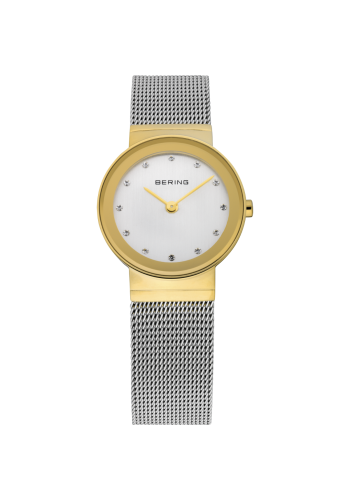 Bering Ladies two tone watch w/mesh bracelet and silver dial with crystals