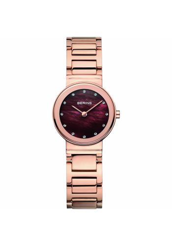 Bering Ladies rose gold watch w/stainless steel bracelet and red mother of pearl dial with crystals