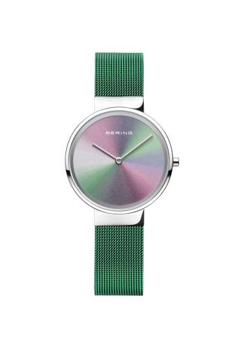 Bering Ladies green watch w/mesh bracelet and a green sunray dial