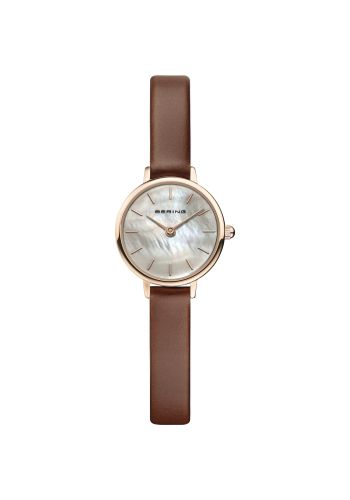Bering Ladies brown watch w/leather strap and a mother of pearl dial