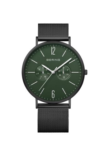 Bering Men black watch w/mesh bracelet and a green multi-function dial
