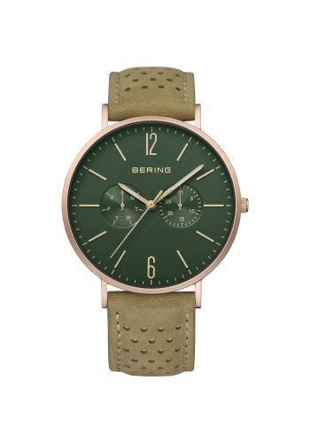 Bering Men beige watch w/calfskin leather strap and a green multi-function dial