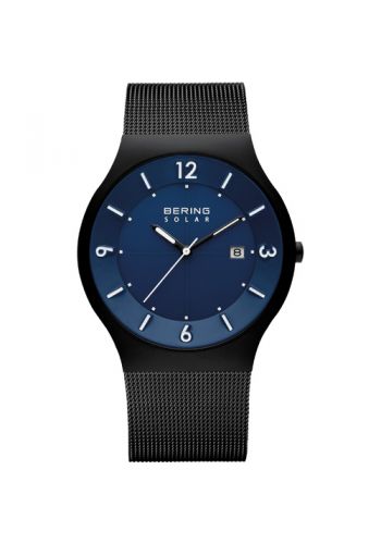 Bering Men black watch w/mesh bracelet and a blue solar dial