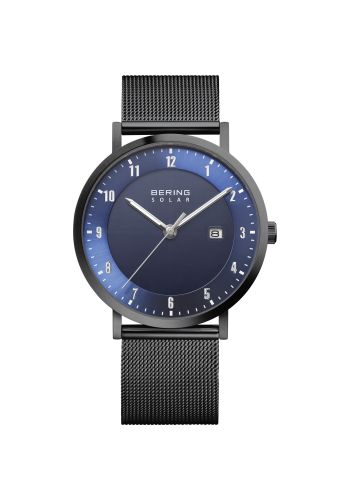Bering Men black watch w/mesh bracelet and a blue solar dial