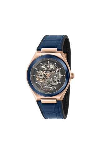 Maserati Men's TRICONIC Skeleton Automatic Blue Tone Stainless Steel Watch w/Leather strap