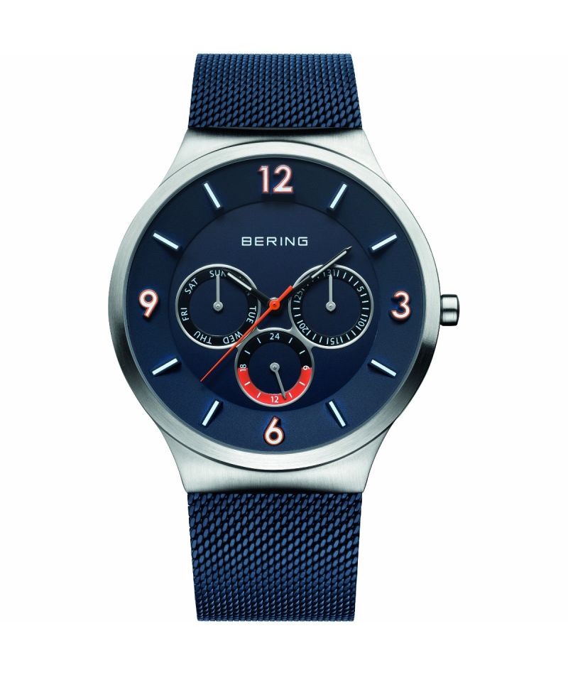 Bering Men blue watch w/mesh bracelet and a blue multifunction dial